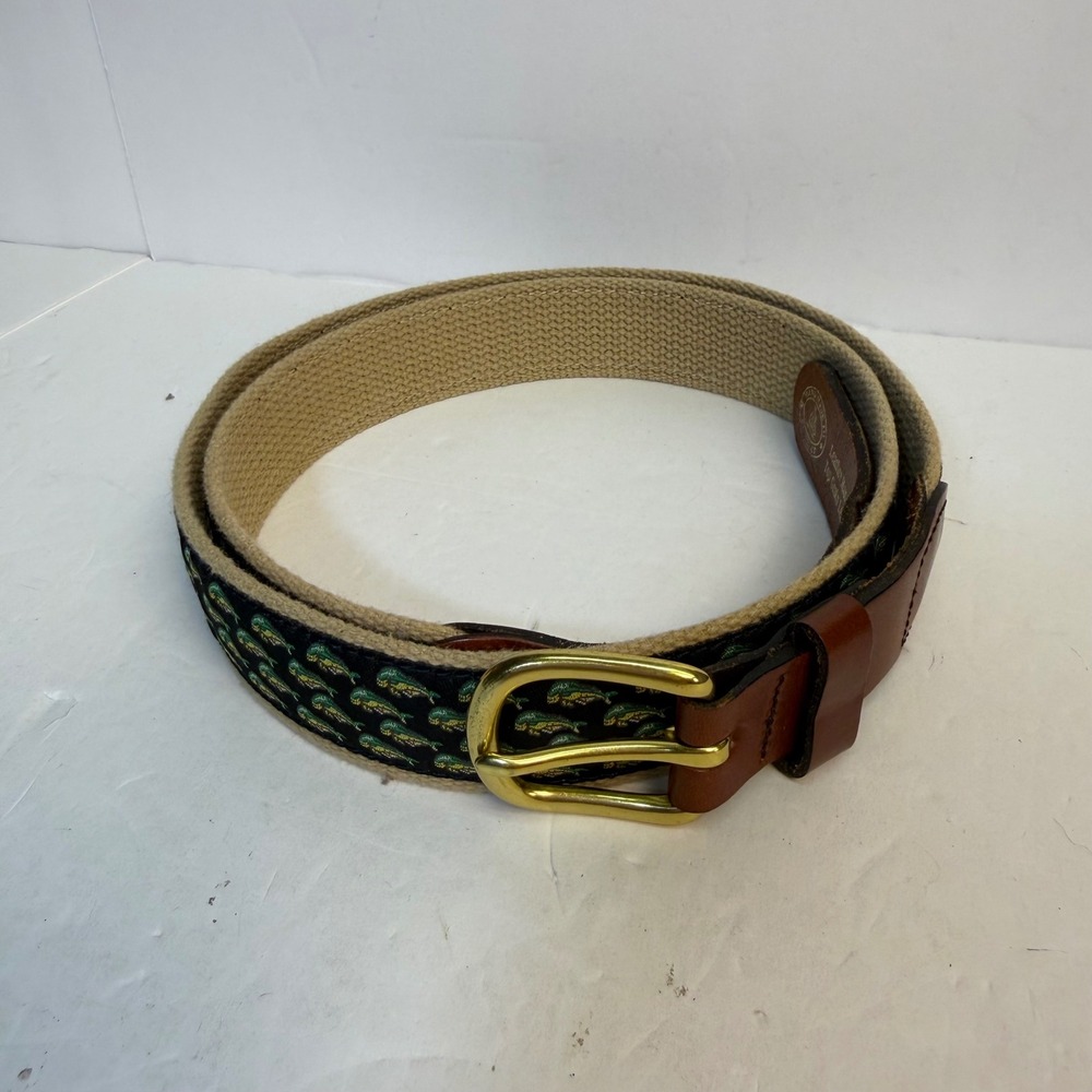 Leather Man Ltd Mens Mahi Mahi Fish Canvas Leather Belt Khaki Green 42 Hand Made